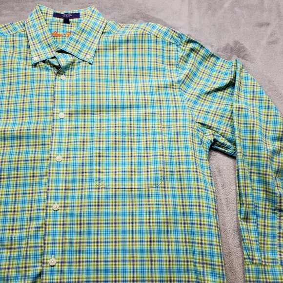 Alan Flusser Button Down Long Sleeve Plaid Shirt Green Blue Purple Mn Sz L - Picture 5 of 10